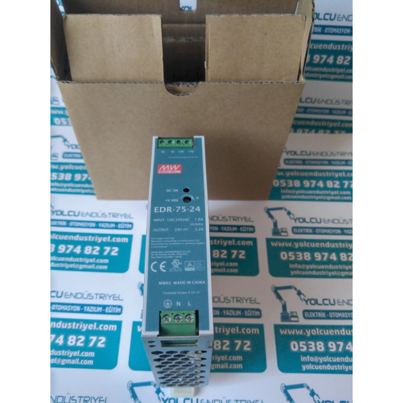 EDR-75-24, MEANWELL 75W, 24V, 3.2A Monofaze Ray Montaj Güç Kaynağı, fiyatı,